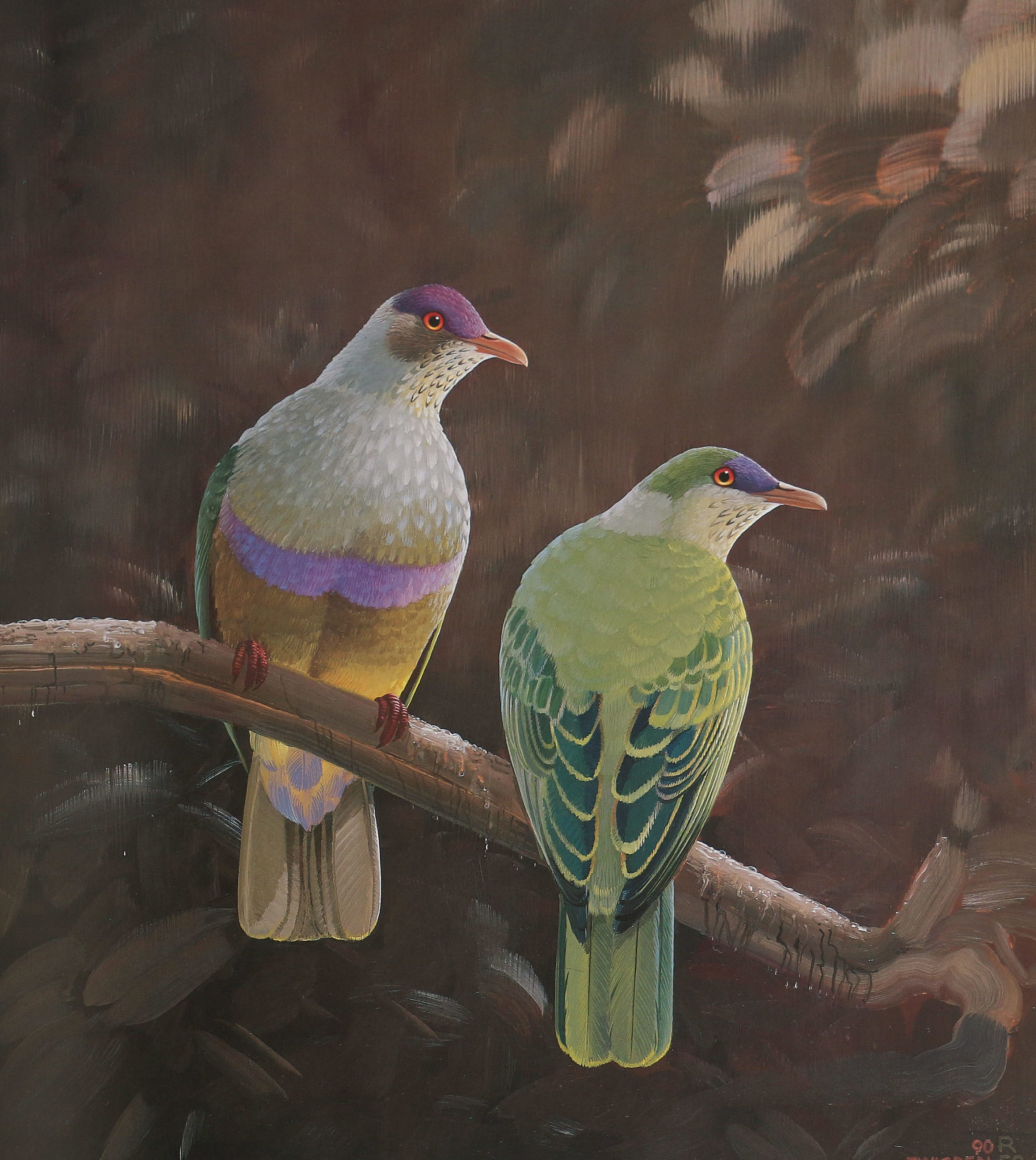 Two softly coloured birds perched together