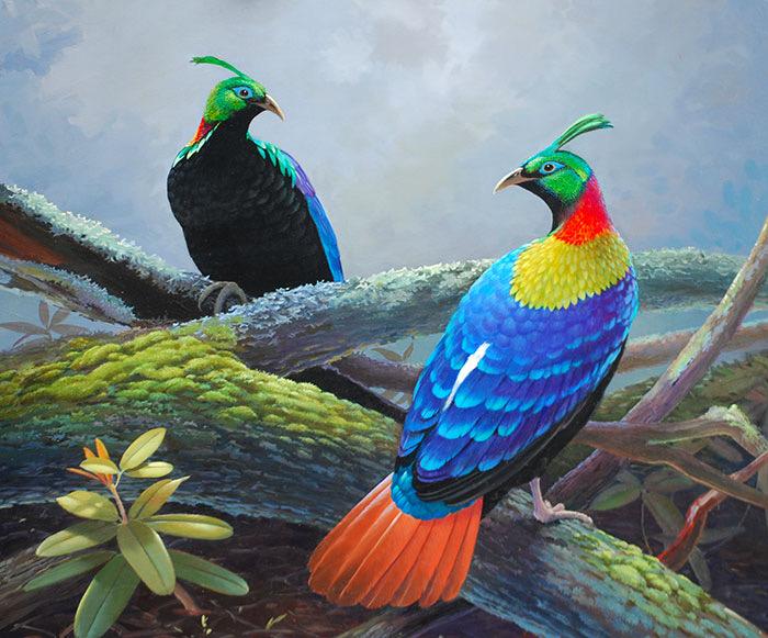 Two iridescent birds perched on a mossy branch